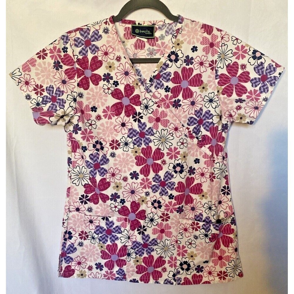 Bonita Scrubs Top Sz S Pink Floral Print Nurse Medical Shirt